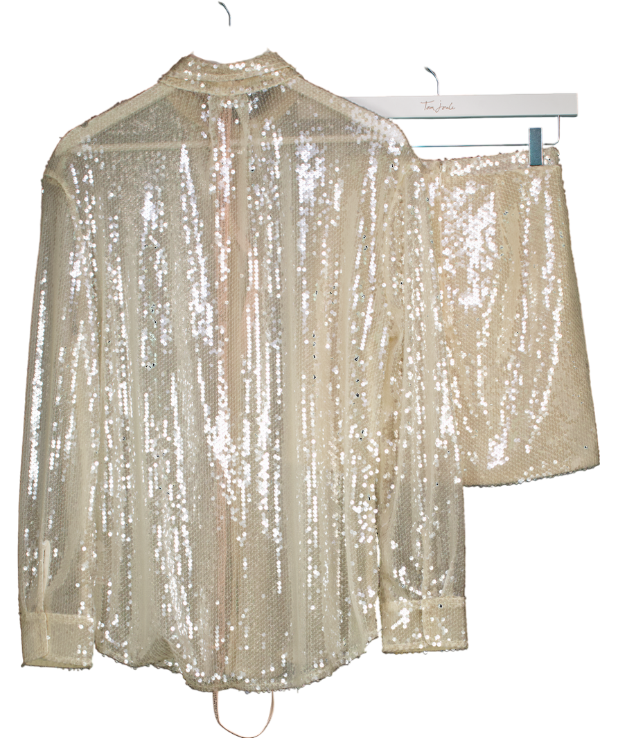 Oh Polly Cream Sequin Shirt And Mini Skirt Set UK 8