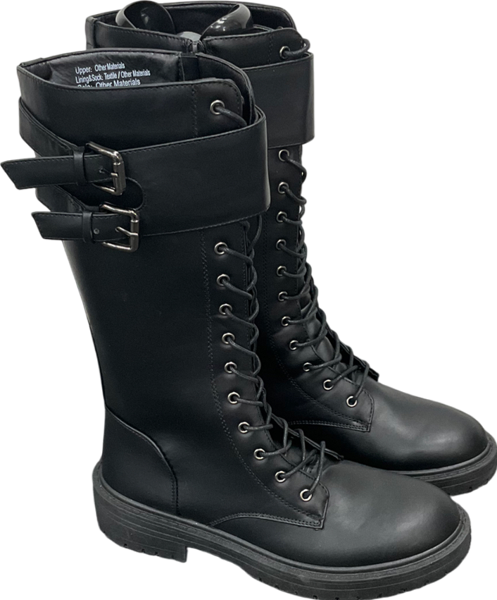 Be You Black Knee High Buckle Strap Lace Up Boots UK 6 EU 39 👠