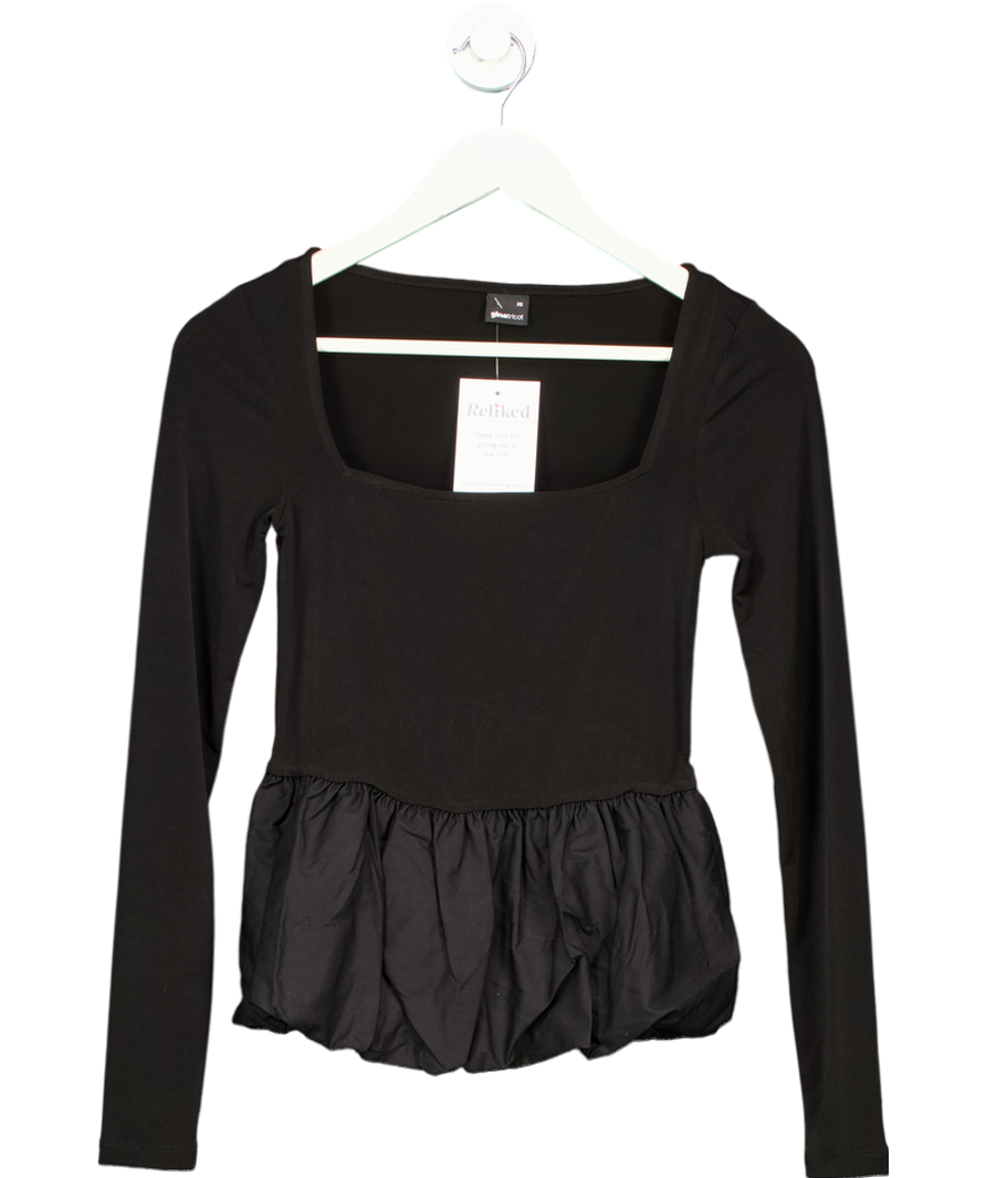 Gina Tricot Black Jersey Long Sleeve Top With Woven Puff Ball Hem UK XS