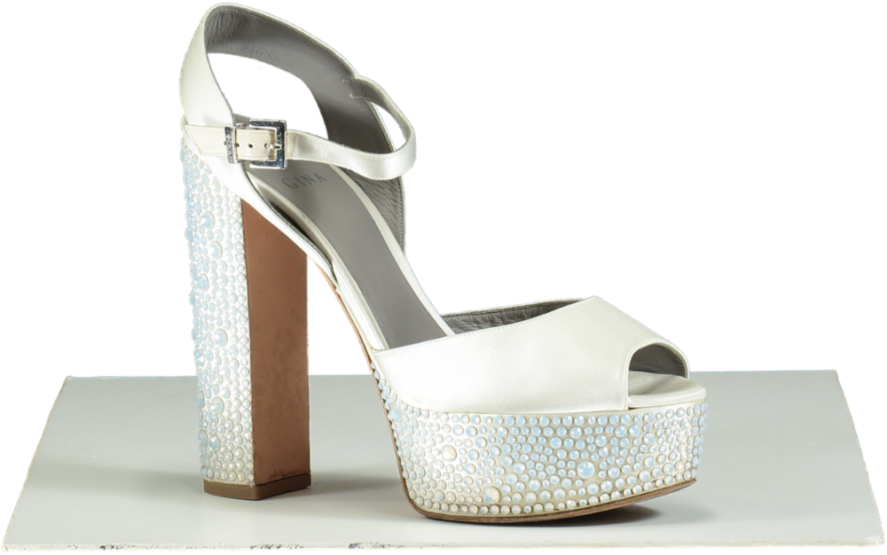 Gina CAUDALIE Swarovski crystal embellished platform heels in Cream Satin UK 7.5