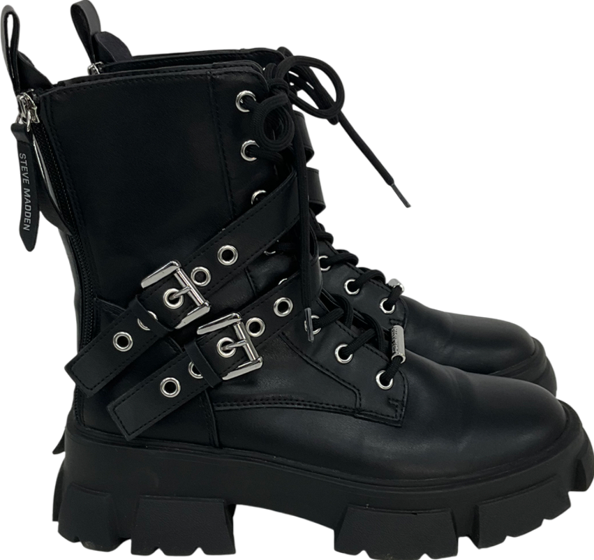 STEVE MADDEN Black Traction Action Leather Ankle Boots UK 6 EU 39 👠