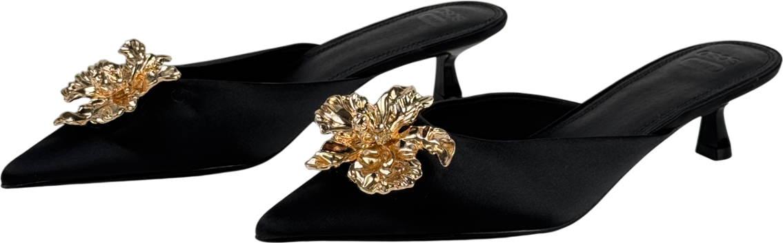 ASOS Design Savvy Flower Trim Detail Mid Heel Mules In Black Satin UK 7 EU 40 👠