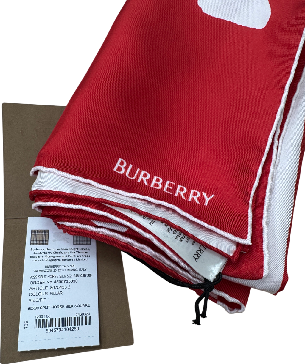 Burberry Red / White Ekd 90x90cm Split Horse Two-tone 100% Silk Scarf One Size