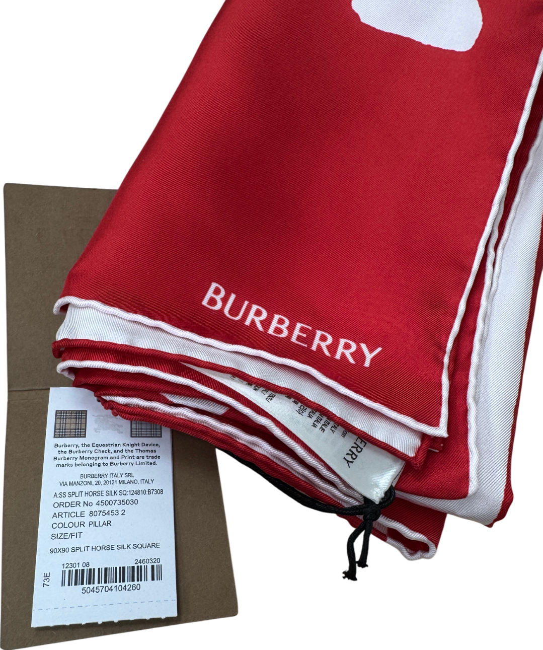 Burberry Red / White Ekd 90x90cm Split Horse Two-tone 100% Silk Scarf One Size