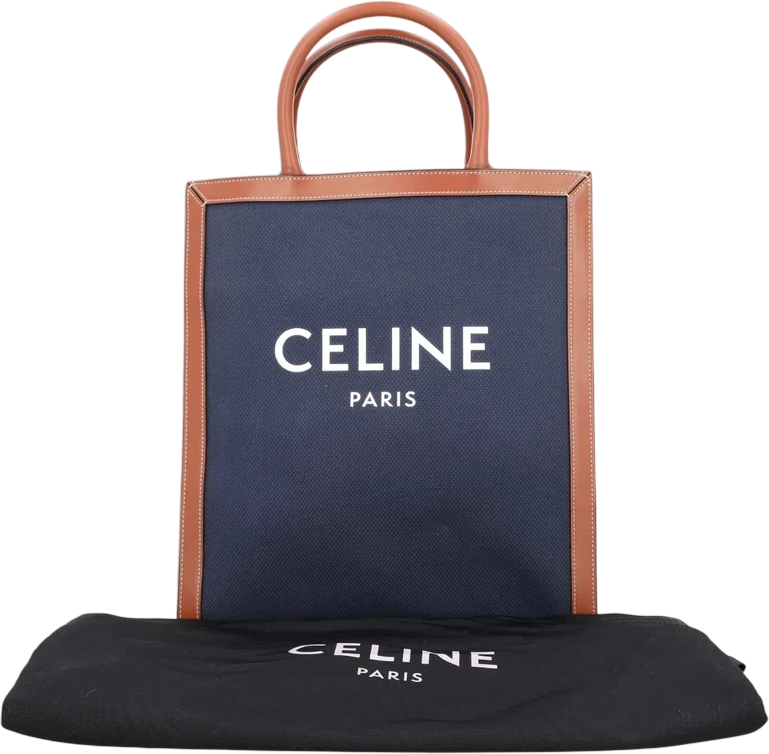 CELINE Blue Navy / Tan Brown Leather Vertical Cabas Tote Tote Bag With Crossbody Strap