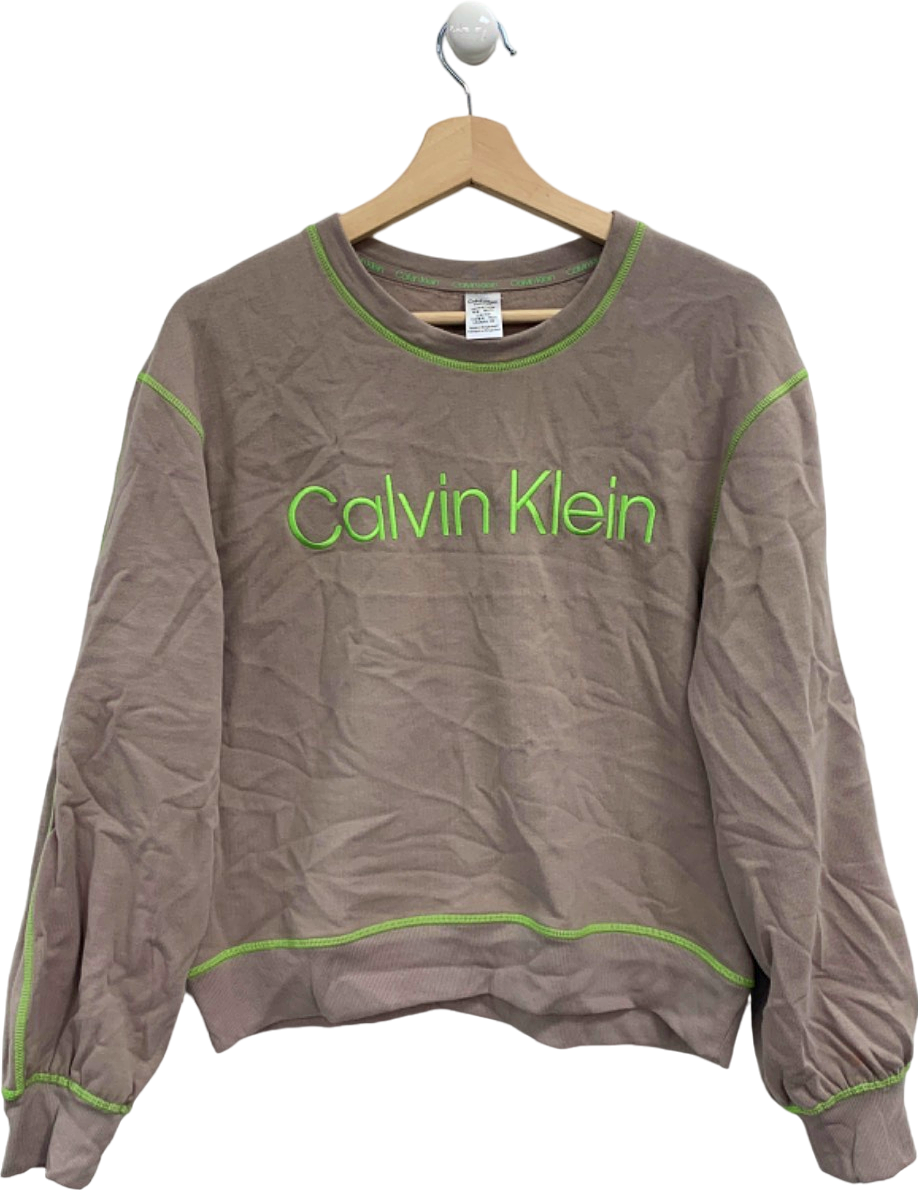 Calvin Klein Taupe/Neon Green Crew Neck Sweatshirt UK XS