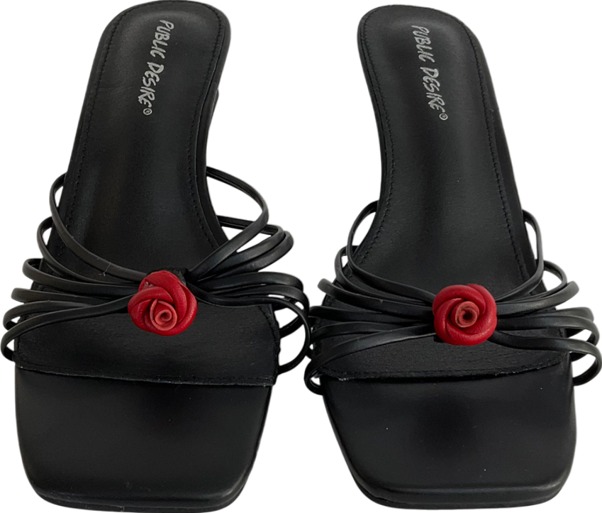 Public Desire Vertigo Black Pu Flower Detail Strappy Mid Heel Mules UK 5 EU 38 👠