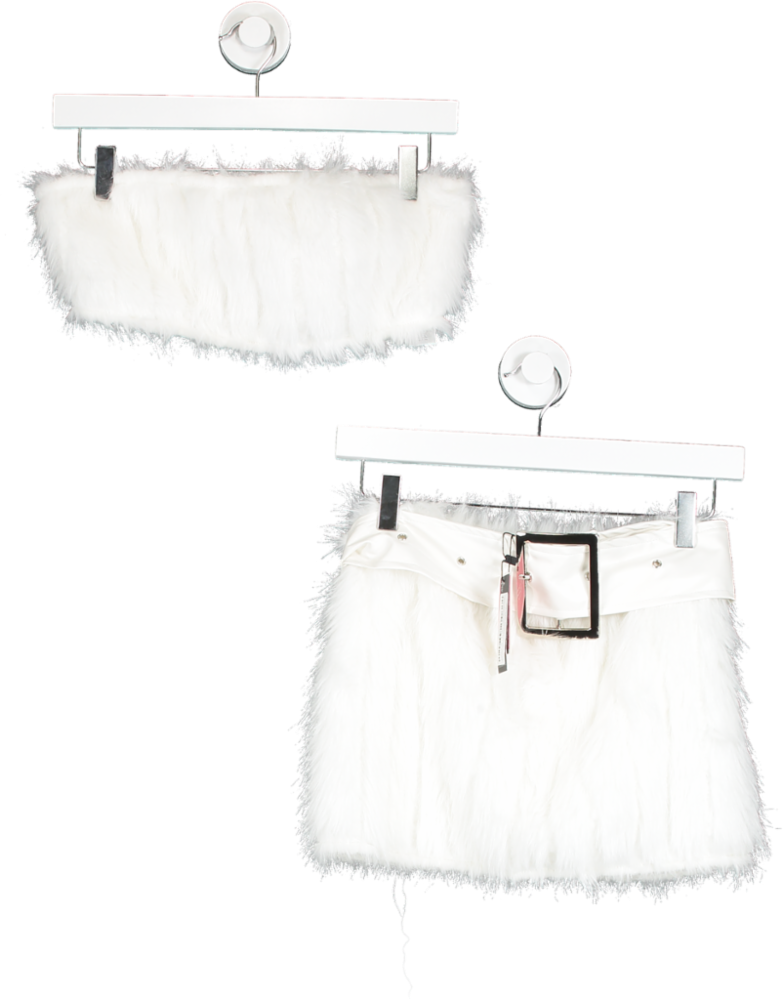 PrettyLittleThing White Faux Fur Belt Detail Micro Mini Skirt UK 4