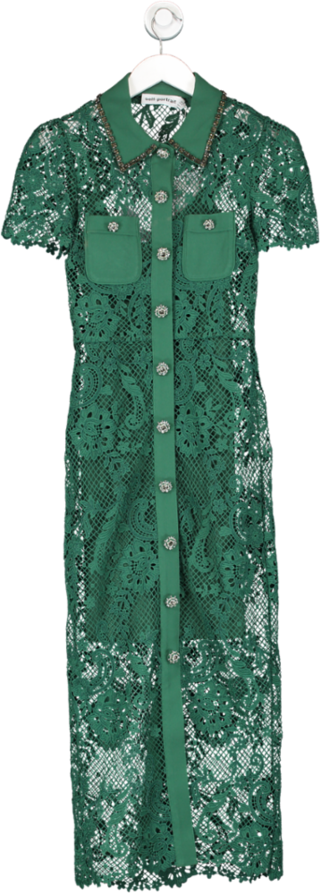 Self-Portrait Green Lace Embellished Button Front Midi Dress UK 6