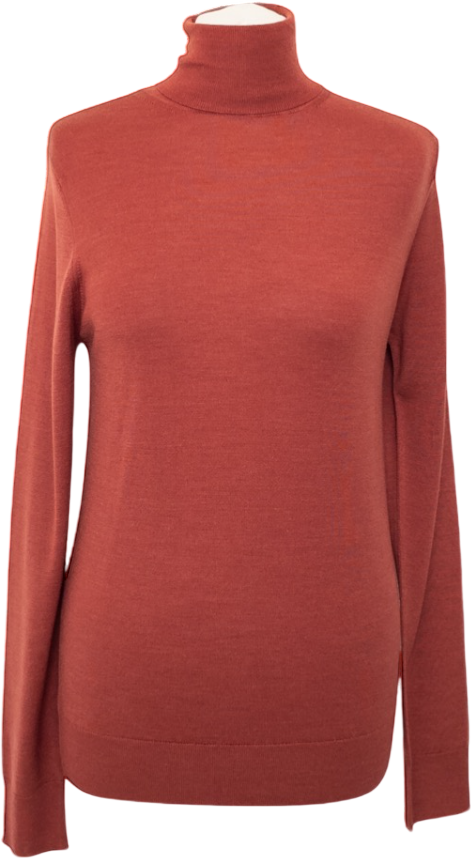 SUNSPEL Rust Brown Luxury Merino Wool & Silk Blend Roll Neck Jumper UK XXS