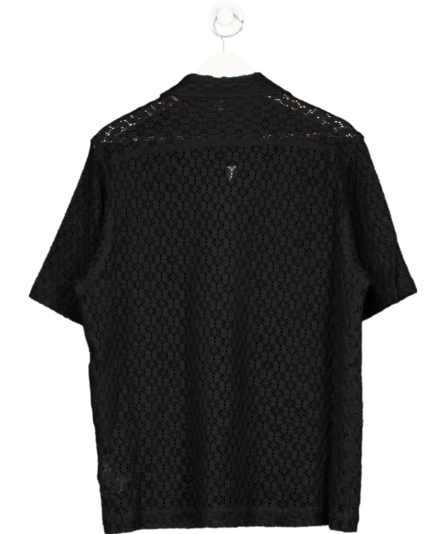 REISS Black Elvis Cotton Blend Crochet Cuban Collar Shirt UK M