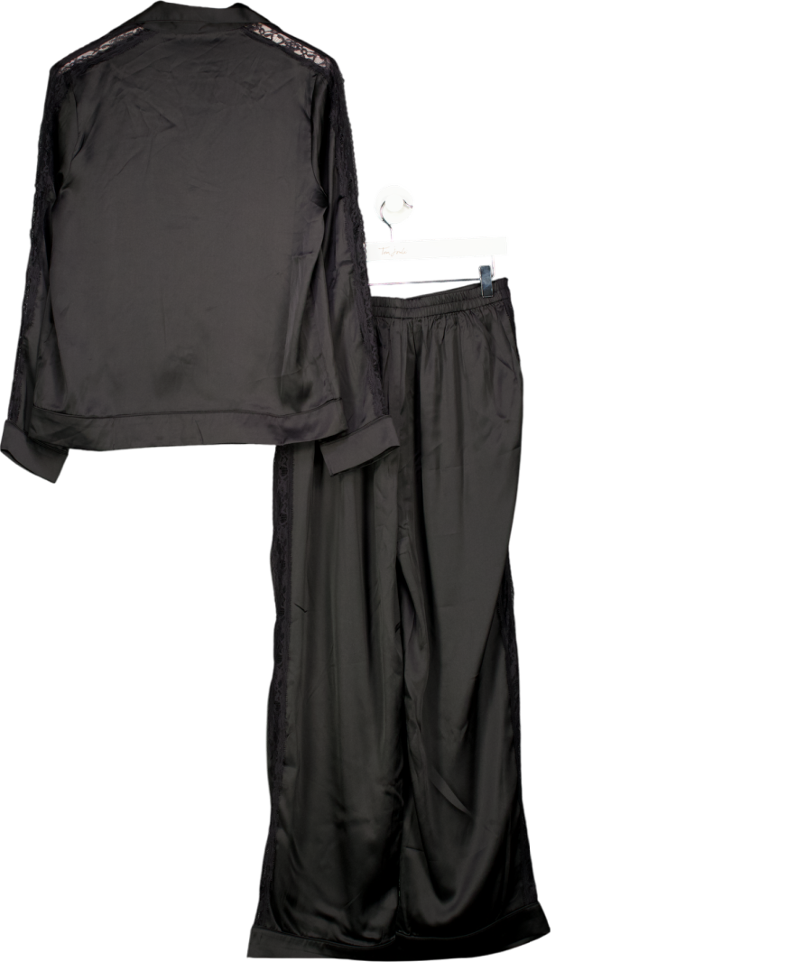 LIPSY Black Satin Long Sleeve Pyjamas Set With Lace Details - Personalised "lb" UK S
