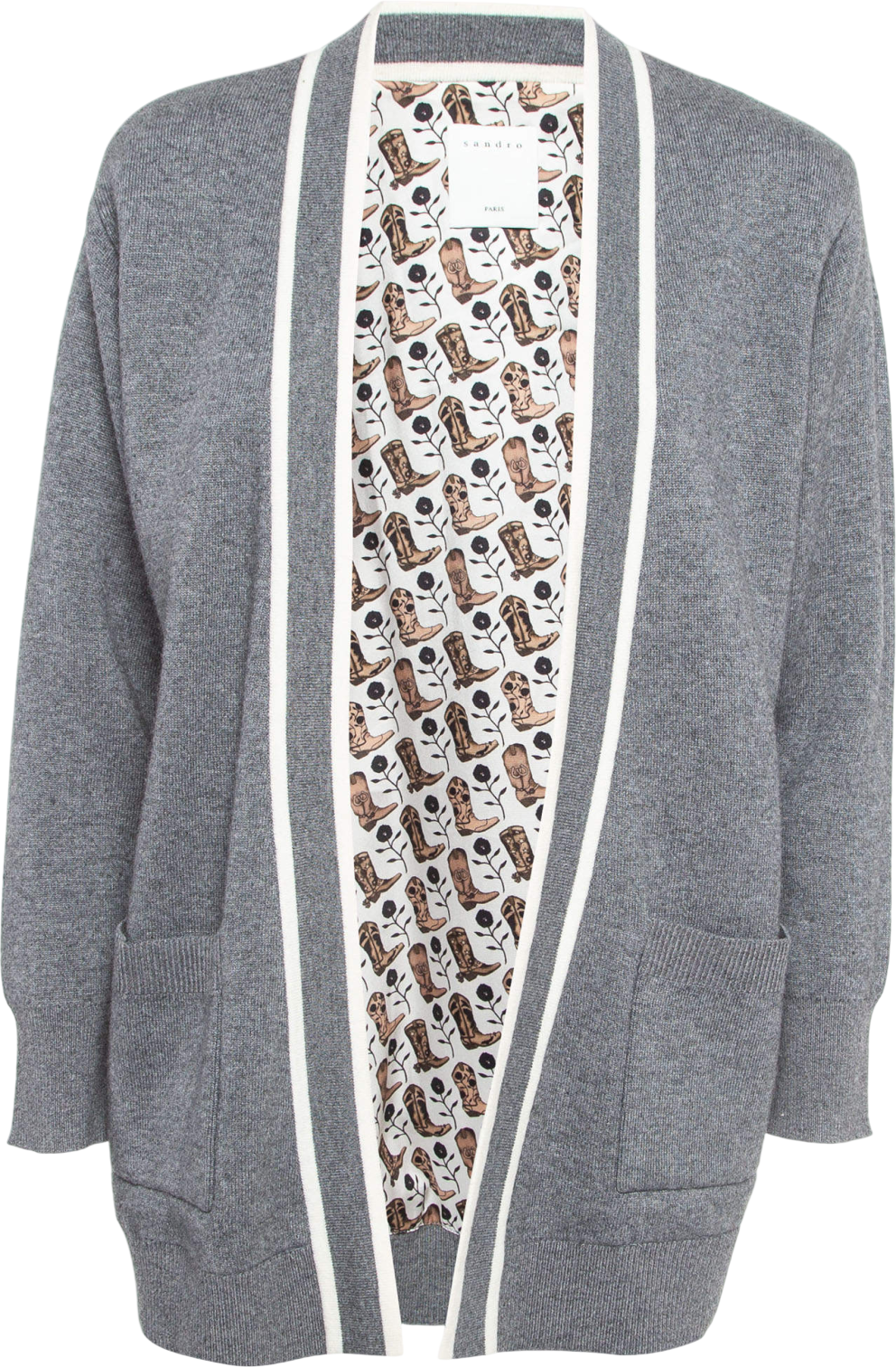 SANDRO Contrast Stripe Trim Woven Cardigan In Grey Sz0 UK XS