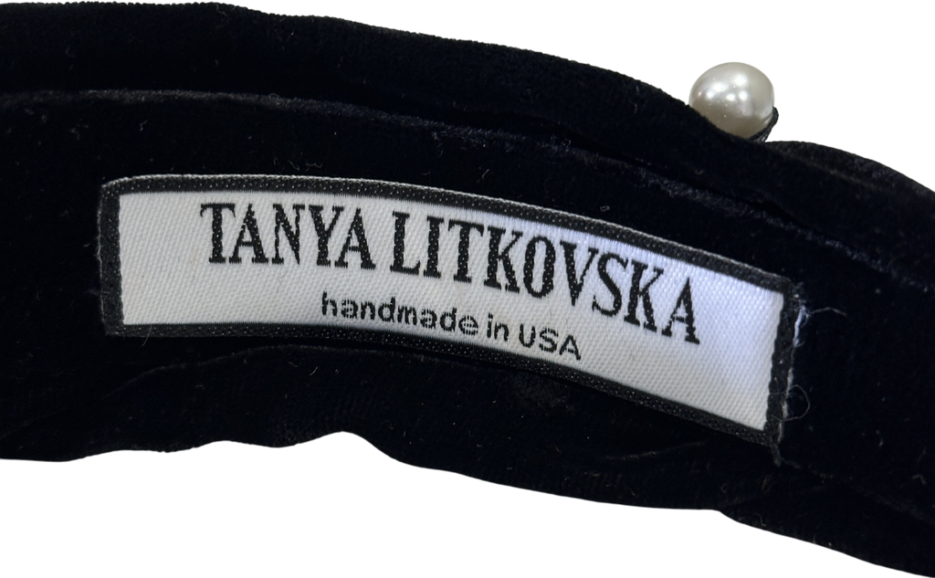 Tanya Litkovska Pearled Black Velvet Knotted Headband