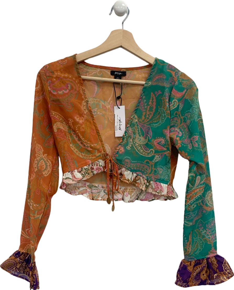 Nasty Gal Orange/Green Paisley Spliced Ruffle Coin Trim Cover Up Top UK 8