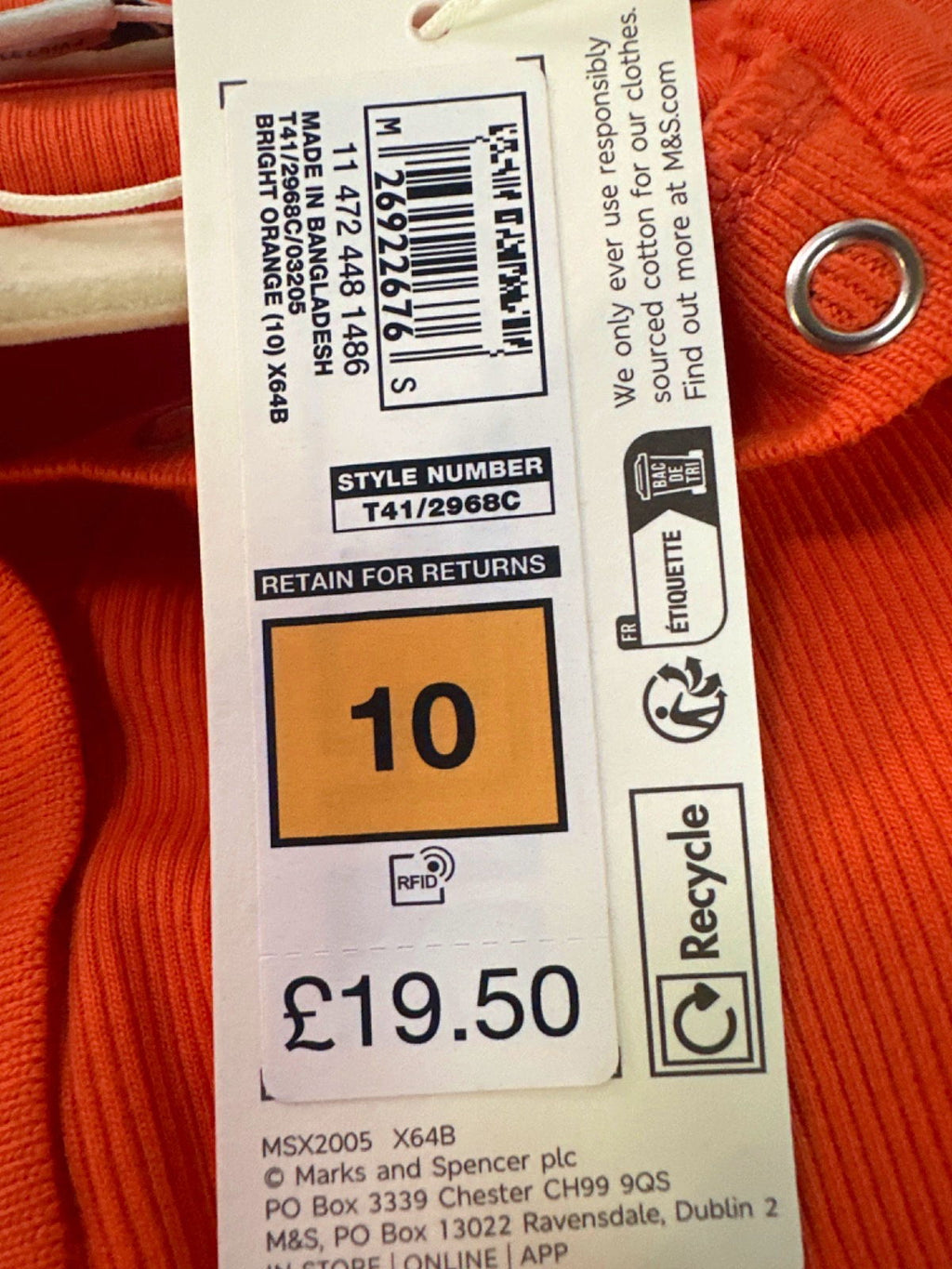 M&S Bright Orange Long Sleeve Top UK 10