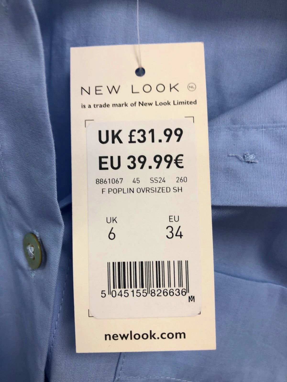 New Look Light Blue Poplin Oversized Shirt UK 6