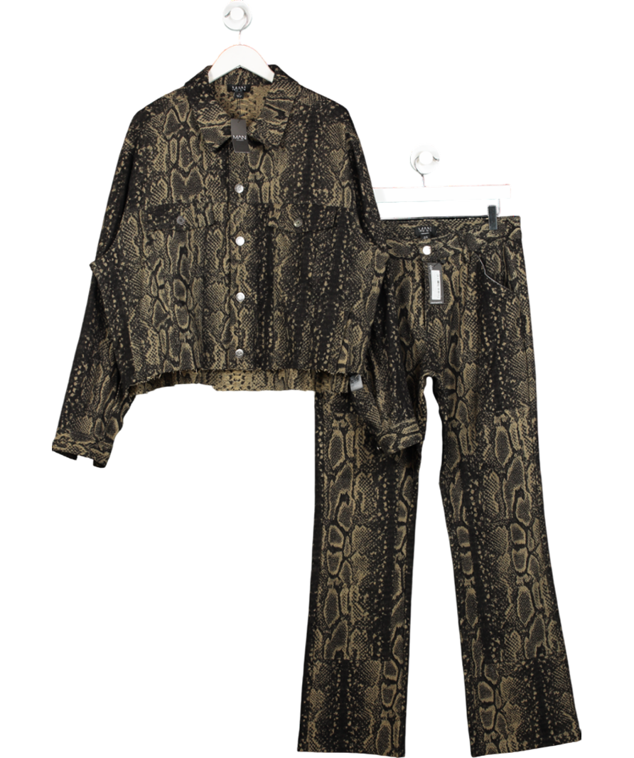 boohooMan Black Regular Fit Croc Denim Jacket & Slim Flared Croc Denim Carpenter Jeans UK XL