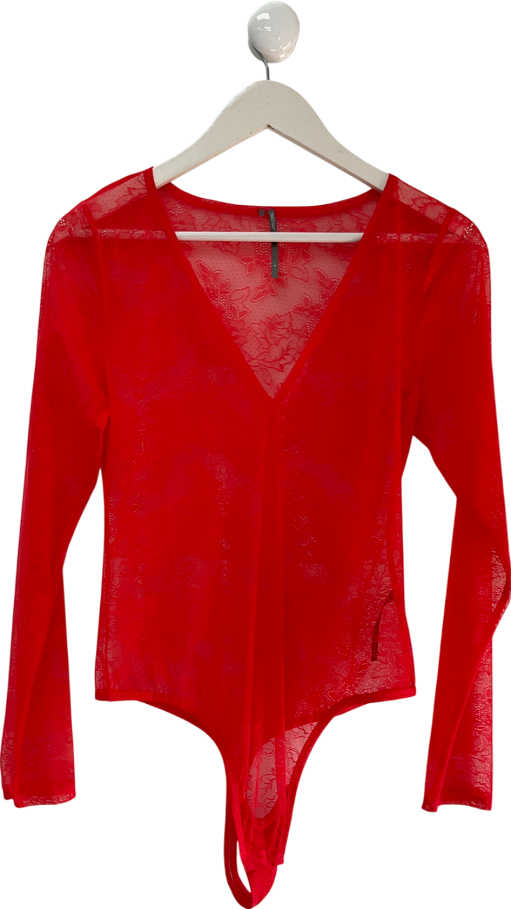anthropologie Red Deep V-neck Lace Bodysuit UK L