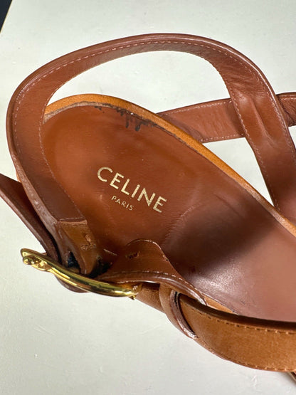 Celine Tan Leather Triomphe Logo Horsebit Block heel Sandals UK 6 EU 39