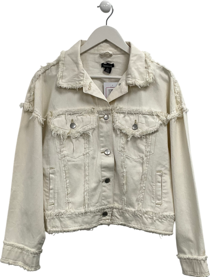 boohoo Cream Frayed Hem Denim Jacket UK 8