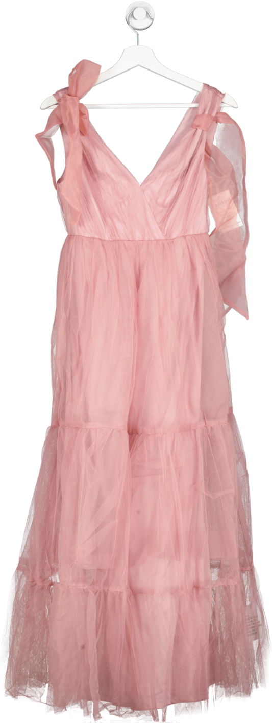 ASOS Pink Petite Tulle Bow Tie Tiered Maxi Dress UK 8