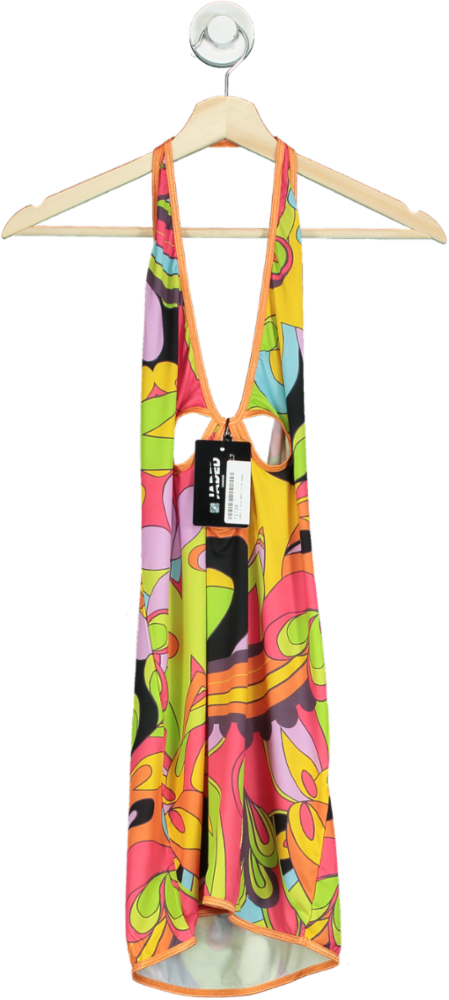 Jaded London Multi-coloured Retro Print Plunge Halter Mini Dress UK 12