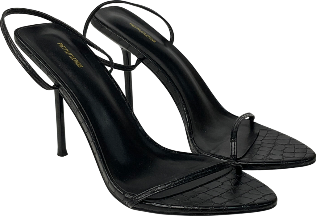 PrettyLittleThing Black Pu Croc Barely There High Heeled Sandals UK 6 EU 39 👠