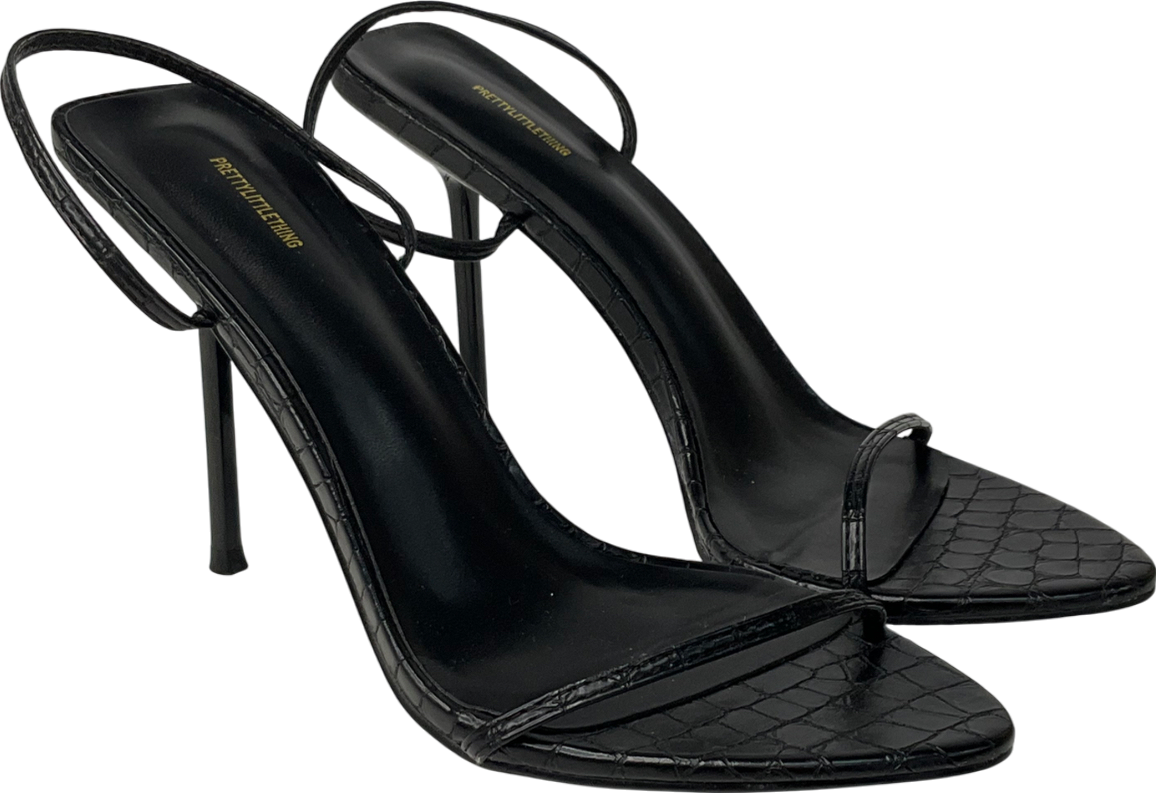 PrettyLittleThing Black Pu Croc Barely There High Heeled Sandals UK 6 EU 39 👠