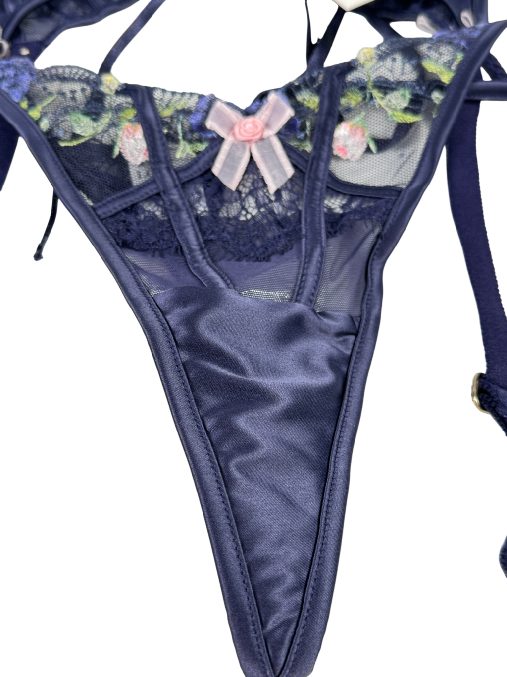 Lounge Underwear 3-piece Navy Blue Lace Floral Intimates Bra 34d/knicker/suspender Set UK XS
