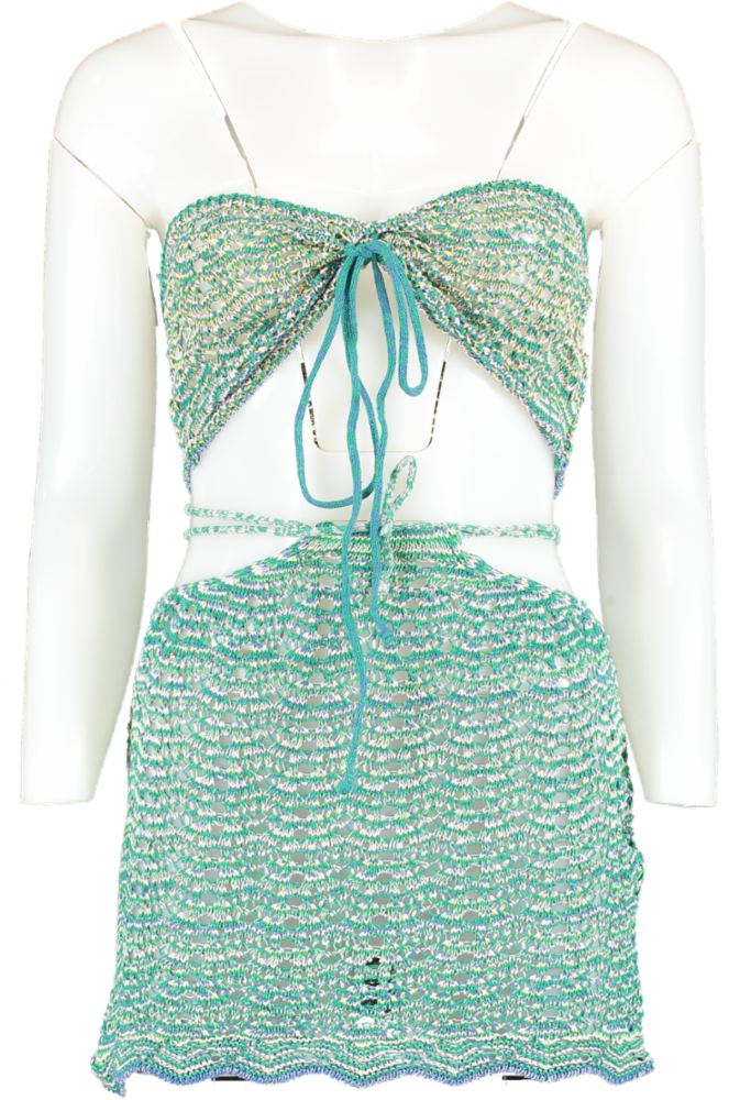 PrettyLittleThing Green Multi Stitch Crochet Knit Bralete And Skirt UK S