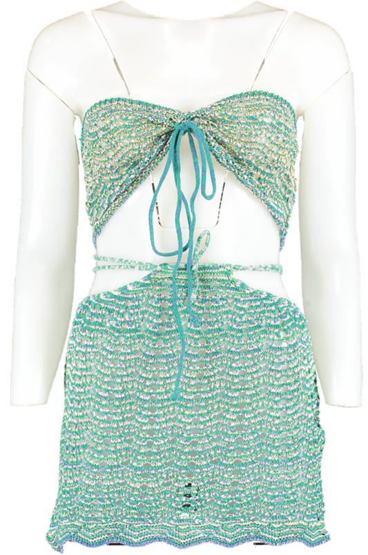 PrettyLittleThing Green Multi Stitch Crochet Knit Bralete And Skirt UK S