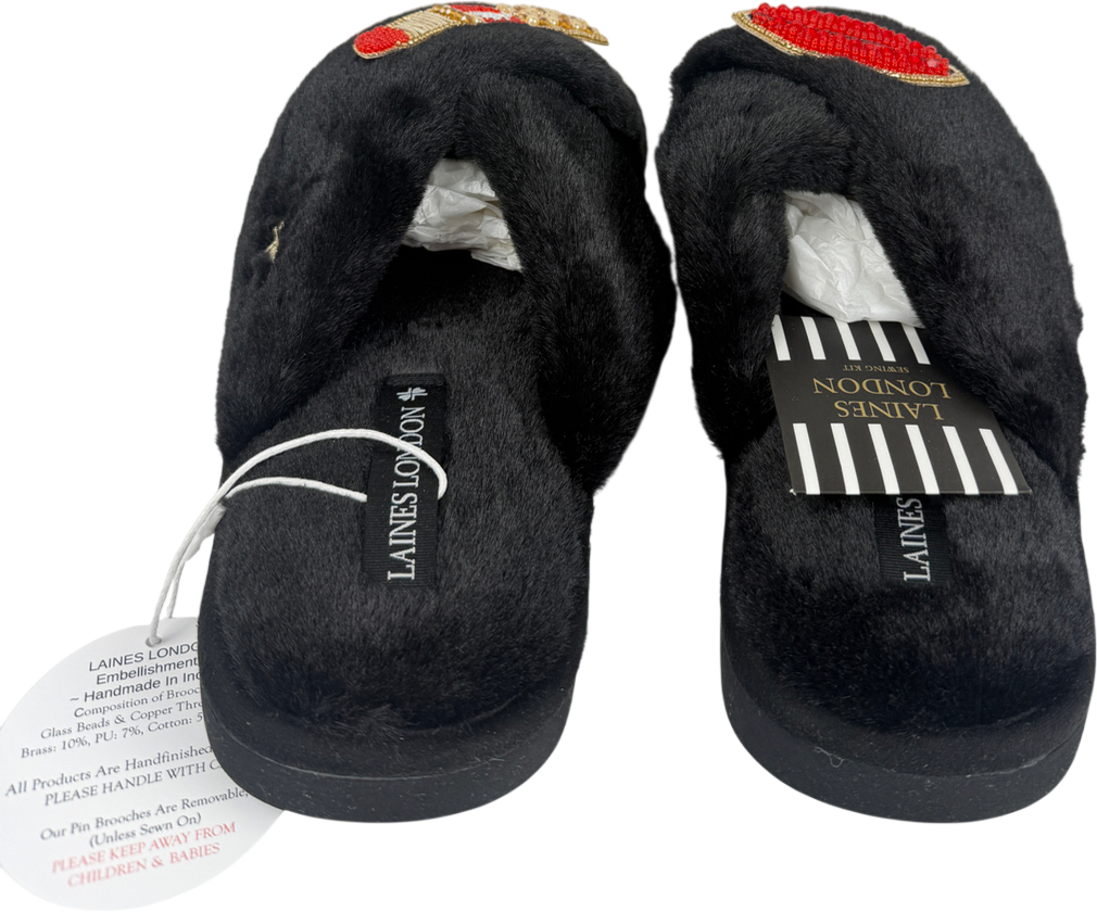 Laines London Black Lips And Lipstick Brooches Slippers - Size L UK 7/8
