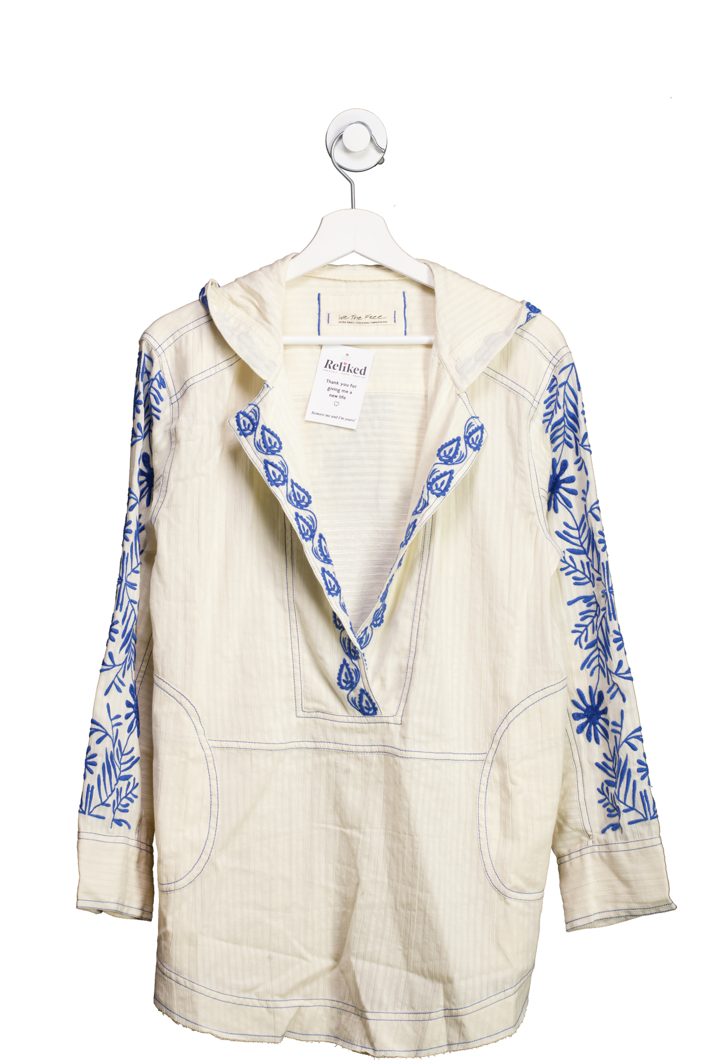Free People Cream Lagos Embroidered Hooded Top UK XS