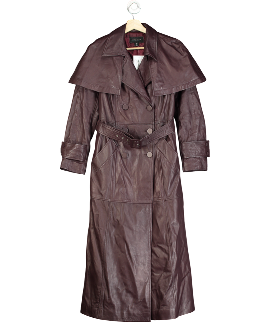 Karen Millen Burgundy Real Leather Cape Detail Trench Coat UK 8