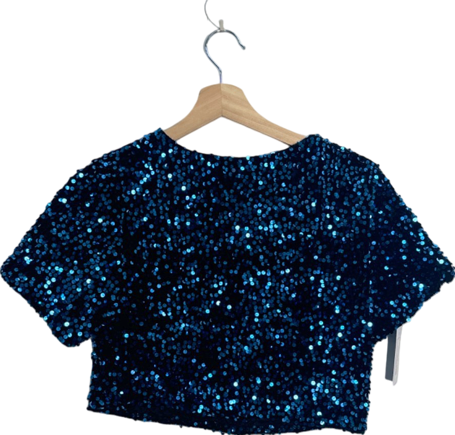 Fashion Nova Blue Sequin Short Sleeve Crop Top XS