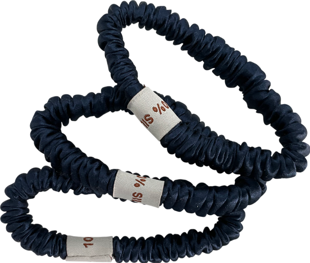 SILK. Set of 3 Navy Blue 100%Mulberry Silk Hair Scrunchies in Tulle bag