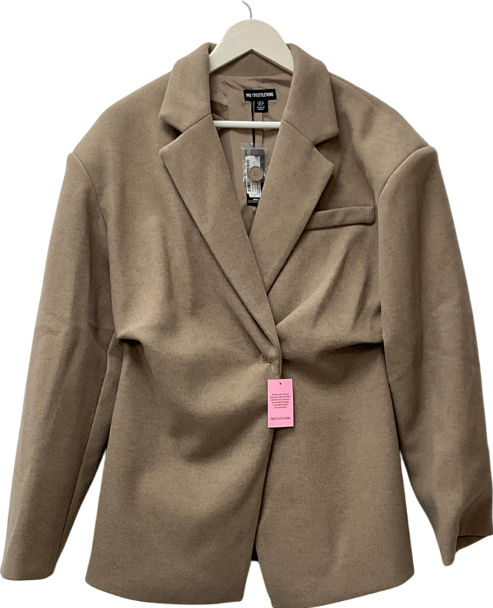 PrettyLittleThing Beige Brown Wool Look Cinched Blazer UK 12
