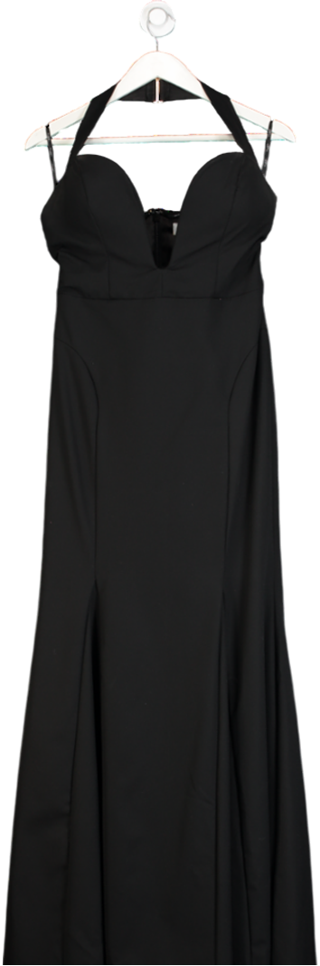 Club L Plaza Black Plunge Halter-neck Fishtail Maxi Dress UK 12