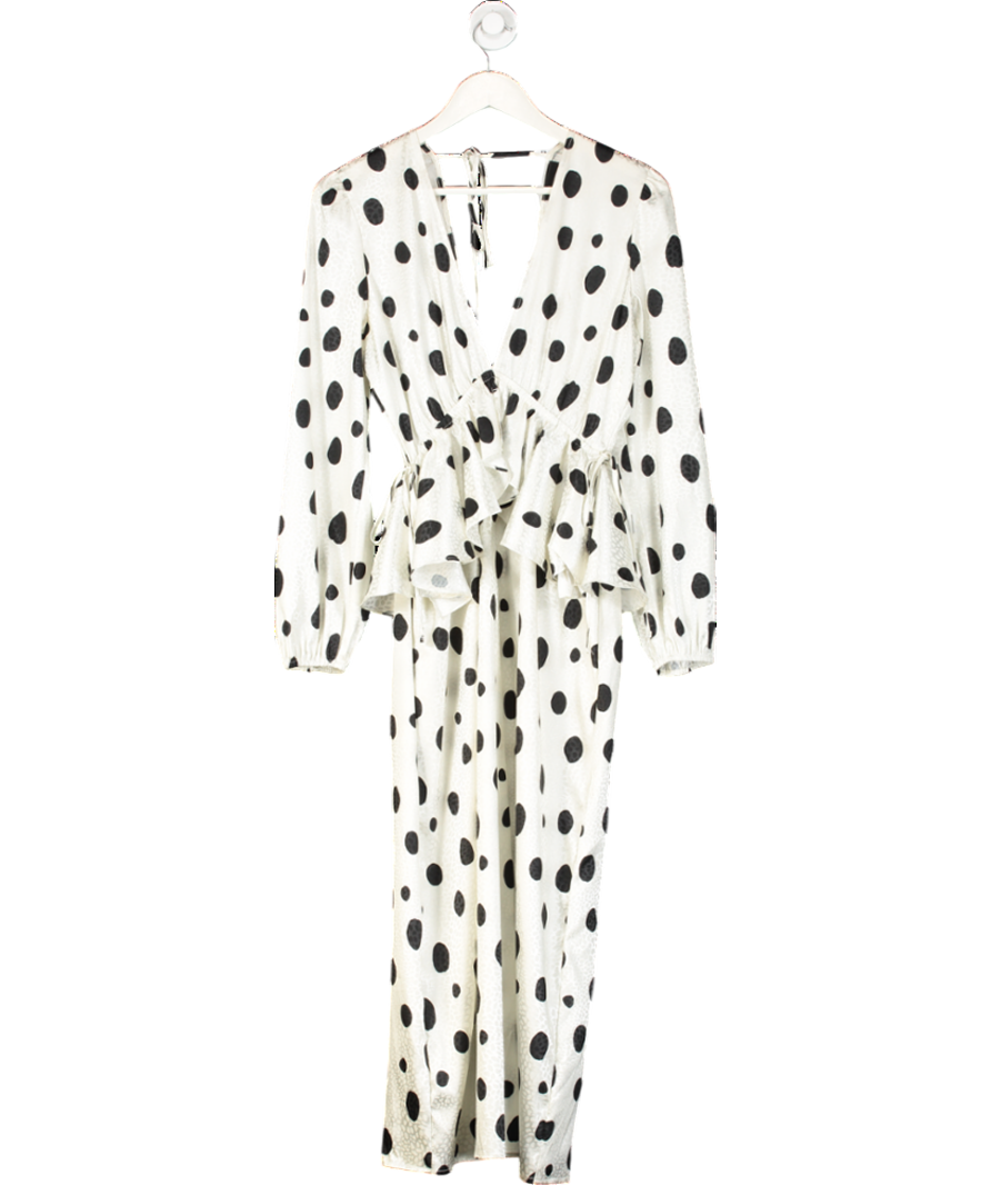 White Polka Dot Jacquard Ruffle Midi Dress UK S