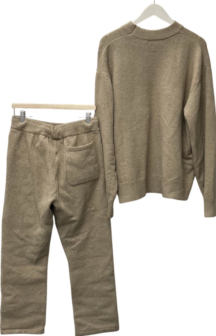 The Couture Club Beige Branded Drawstring-waist Knitted Trousers & Fluffy Emblem Jumper UK M/L