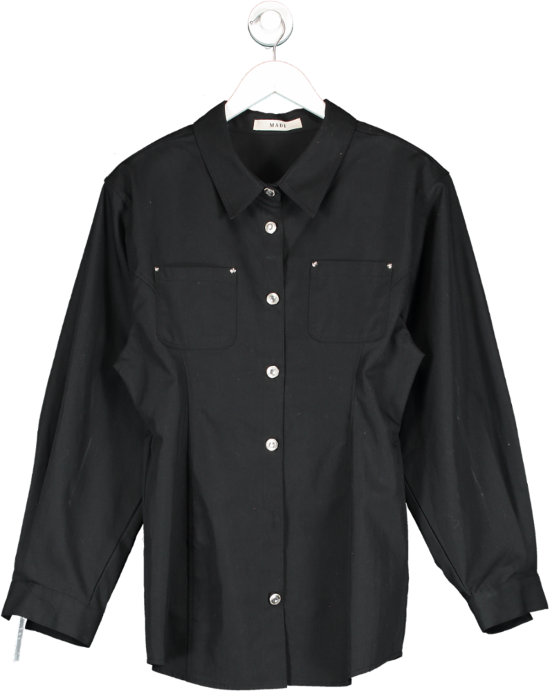Made Black Padded Shoulder Denim Shirt Dress UK S