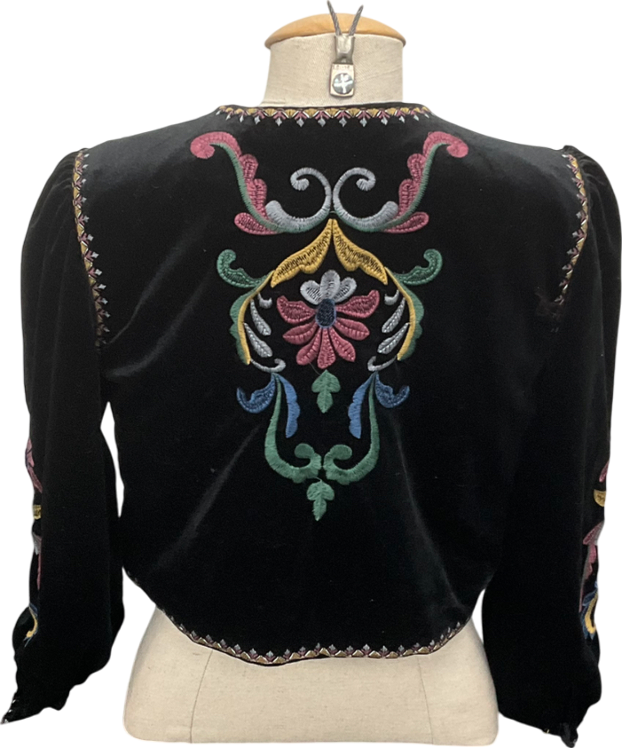 Black Velvet V-neck Floral Embroidery Tie Front Jacket UK S