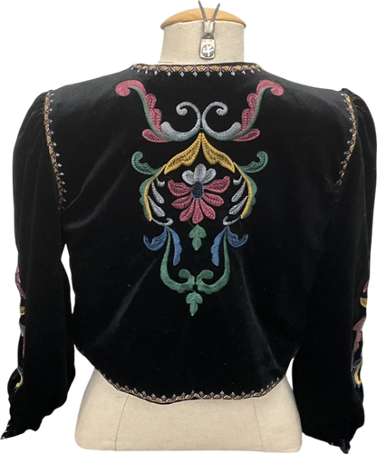 Black Velvet V-neck Floral Embroidery Tie Front Jacket UK S