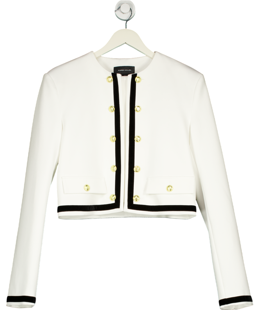 Karen Millen White Tall Compact Stretch Velvet Contrast Collarless Sleeveless Jacket UK 10