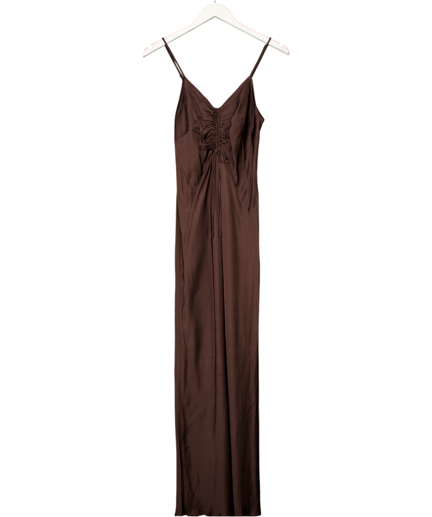 ZARA Chocolate Brown Ruched Front Satin Maxi Dress UK XS