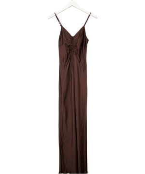 ZARA Chocolate Brown Ruched Front Satin Maxi Dress UK XS