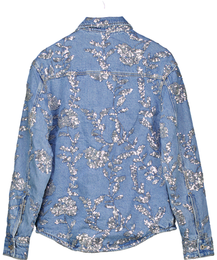 Karen Millen Blue Denim All Over Floral Sequin Jacket UK 6