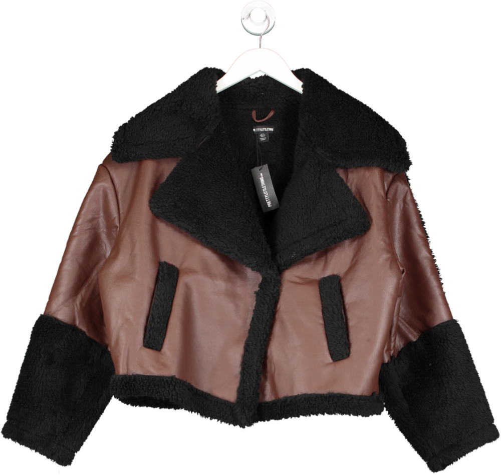 PrettyLittleThing Brown Black Trim Borg Trim Faux Leather Coat UK 6