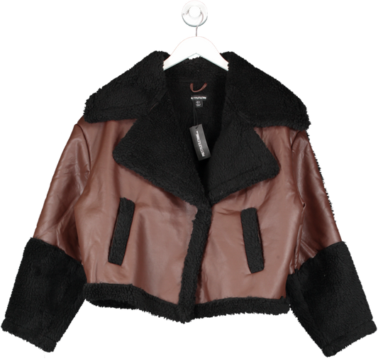 PrettyLittleThing Brown Black Trim Borg Trim Faux Leather Coat UK 6